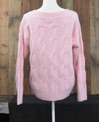 Pink Cable Knit V-Neck Sweater
