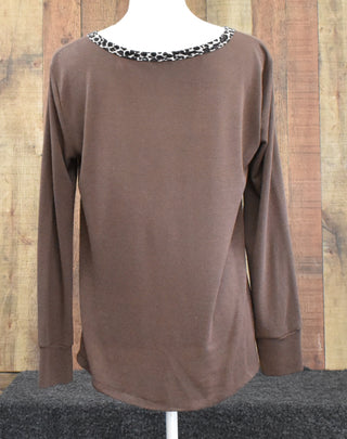Mocha Tie Front Leopard Trim Top
