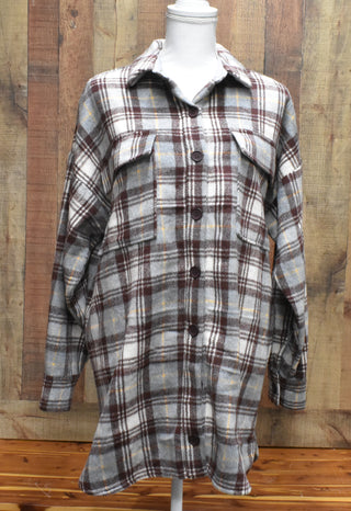 Long Sleeved Plaid Flannel Shirt in Brown and Gray