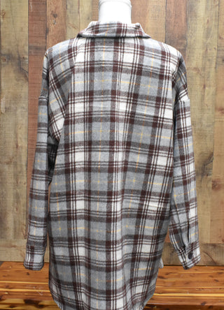 Long Sleeved Plaid Flannel Shirt in Brown and Gray